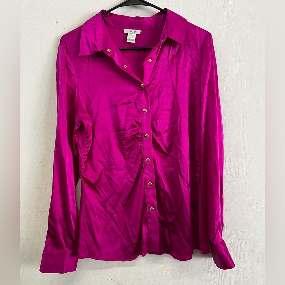 Cache Fuchsia Satin Button-Down Shirt